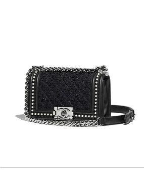 New Chanel small tweed boy with faux pearls flap bag